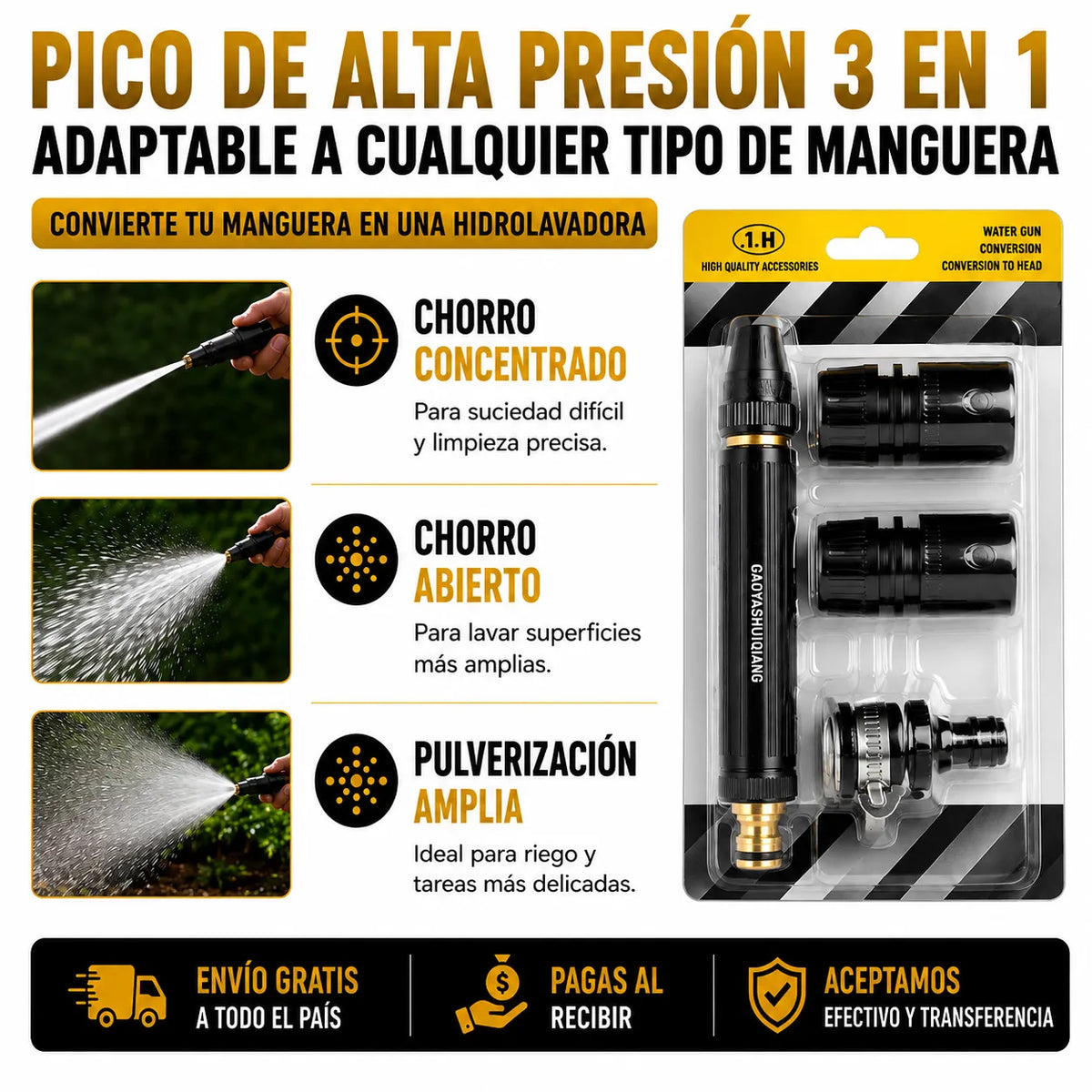 💦 Pico Alta Presión 3 en 1 [Adaptable a cualquier tipo de Manguera]